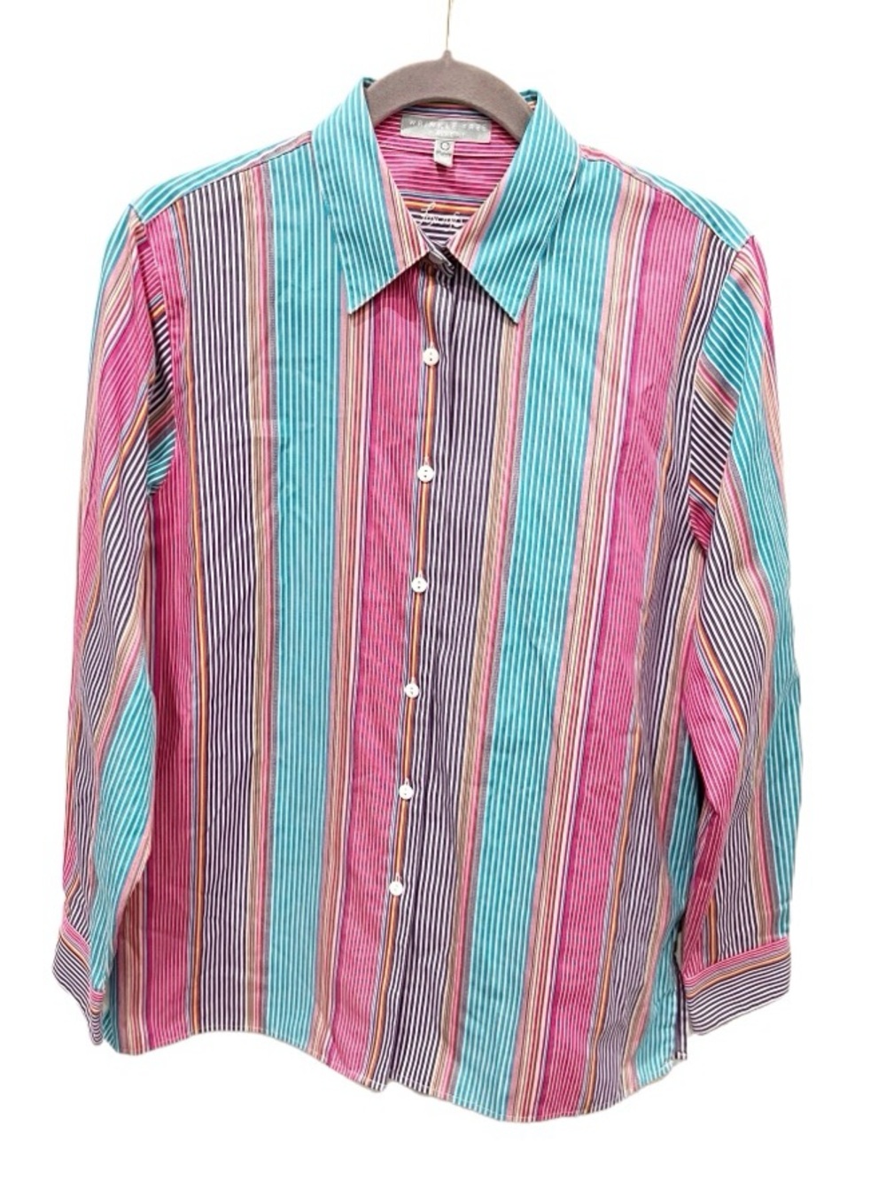 Foxcroft Button Down Top Women's 10 Wrinkle Free Classic Fit Bold Stripe Office